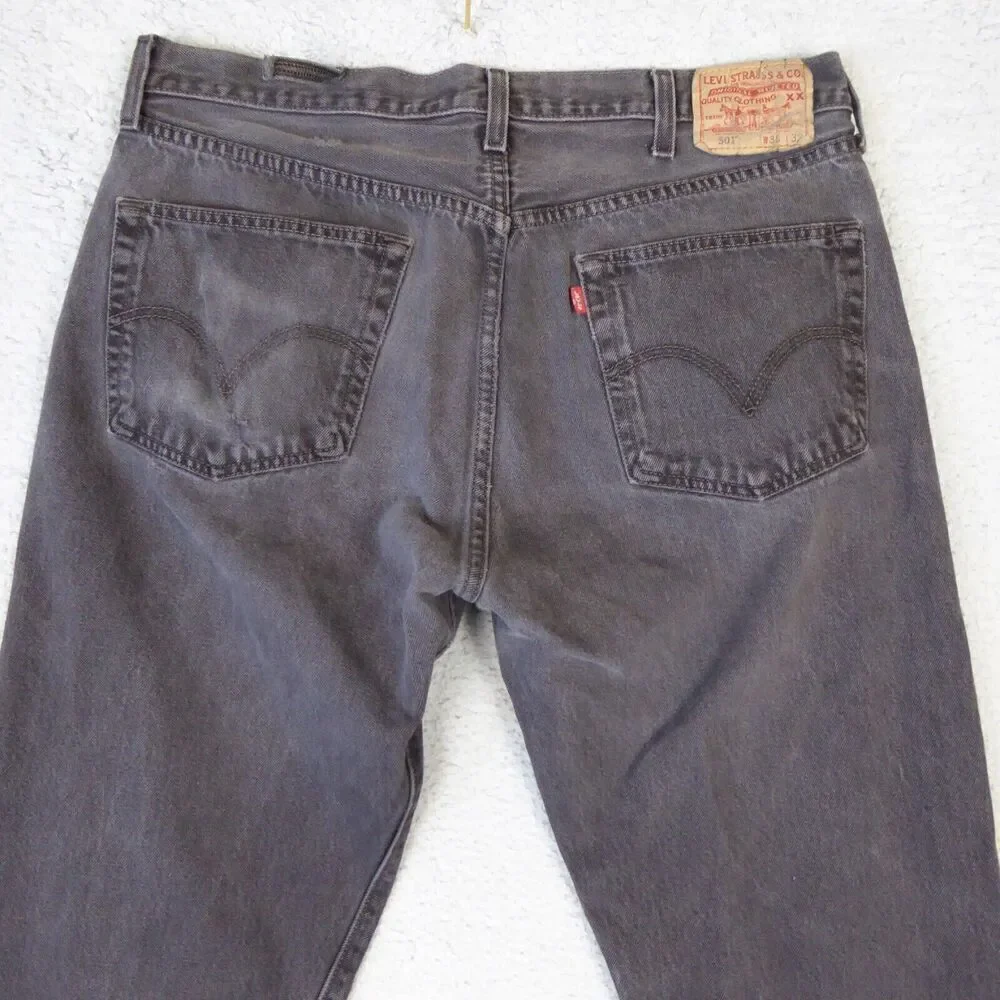 Levis 501 Jeans Mens 38x32 Black Denim Button Fly Distressed Straight Leg Y2K